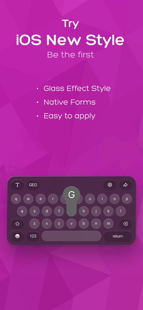Custom keyboard skin for iPhone with glass effect style and purple background.