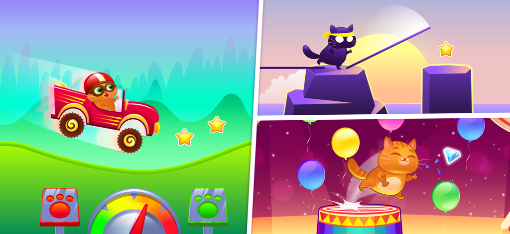 A collage showing three different arcade mini games featuring Bubbu the cat including racing and ninja platforming