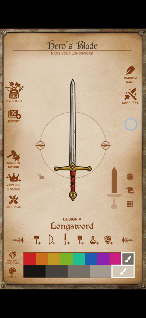 Instant Armory - Interface for designing a custom fantasy sword with hand drawn art and weapon icons