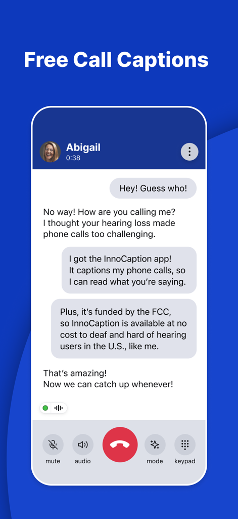 InnoCaption: Call Captioning - A screenshot of the InnoCaption app showing a phone call with real-time captions on a blue background.
