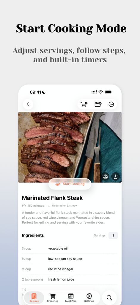 Recipe Notes - My Cookbook - Interfaz de la aplicación Recipe Notes que muestra la función Modo Cocinar para una receta de filete de flanco marinado.