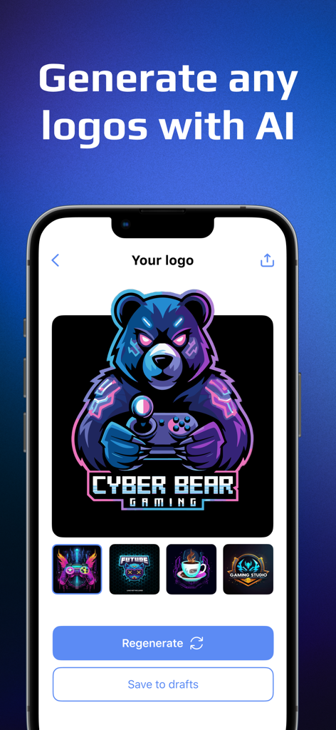 AI Logo Maker App: Generator - AIロゴメーカーアプリのインターフェースに、生成されたゲームのクマのマスコットロゴが表示されている