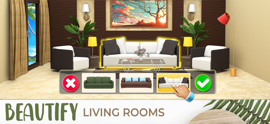 My Home Makeover Design: Words - Auswahl eines weißen Sofas aus mehreren Möbeloptionen zur Dekoration eines Wohnzimmers in einem mobilen Hausdesignspiel