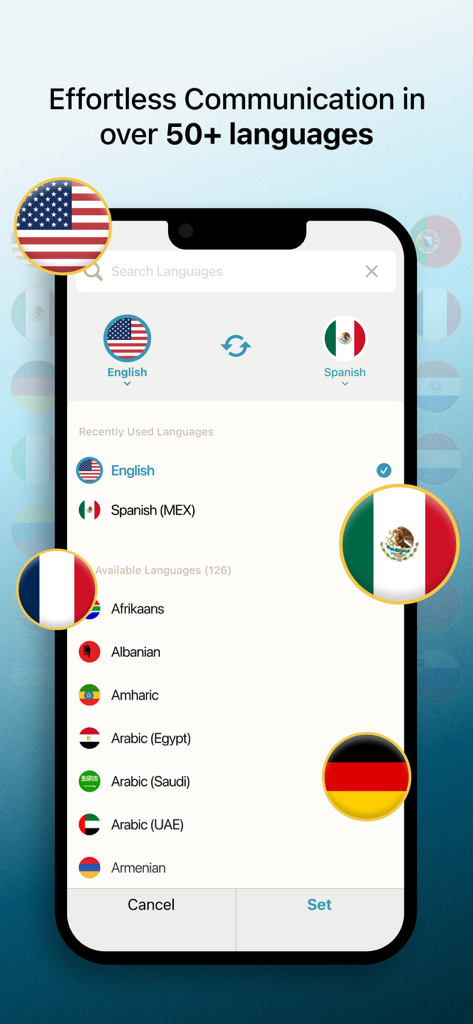 Translate: Voice & Text - Interfaz de aplicación móvil que muestra una lista completa de más de 50 idiomas disponibles para traducción con banderas internacionales