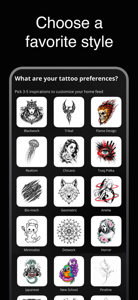 Ink.Art: Tattoo AI Generator - A mobile interface displaying a grid of tattoo style options like Blackwork Geometric and Anime for user preference selection