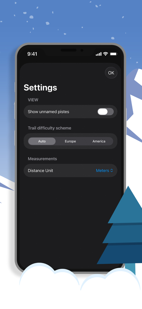 Ski Compass - Interface des paramètres de l'application Ski Compass affichant les options pour la difficulté des pistes et les unités de distance.