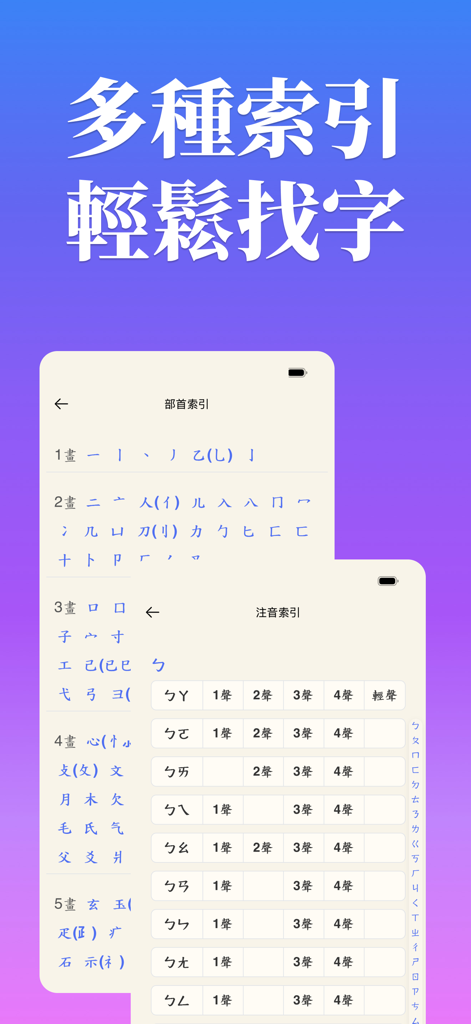 Screenshots showing radical and Bopomofo search indices in a Traditional Chinese dictionary app.