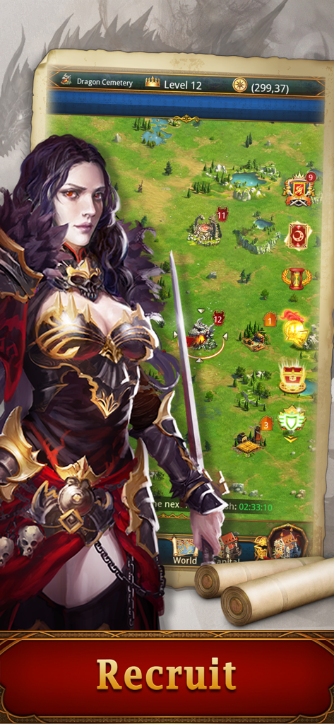 King's Empire - Kings Empire mobile game recruit screen with fantasy hero character and world map