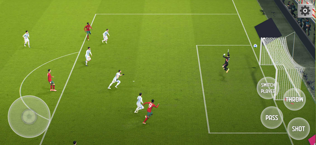 Play Football Games 2025 Goals - Captura de pantalla de juego de un partido de fútbol móvil que muestra a un jugador disparando a puerta con controles táctiles virtuales