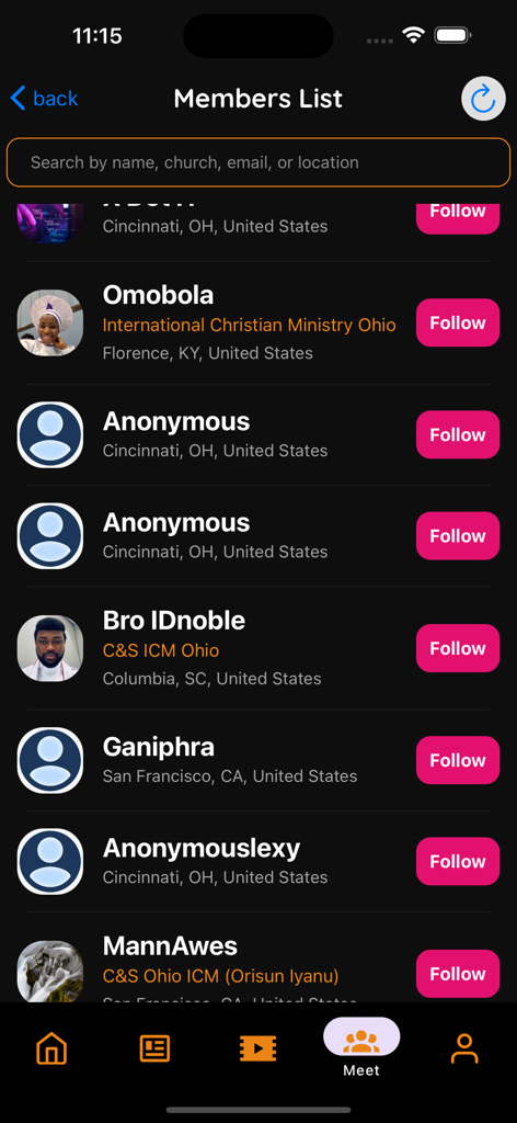 C&S Mobile - Members list in the CS Mobile app showing community profiles and follow buttons