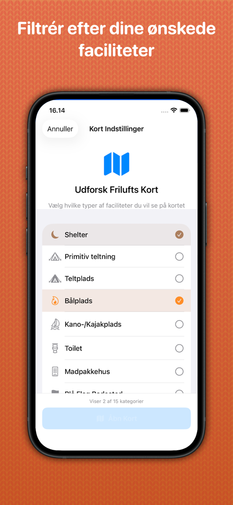 Outdoor Facilities in Denmark - 쉼터와 캠핑장을 위한 야외 시설 덴마크 앱 필터 화면
