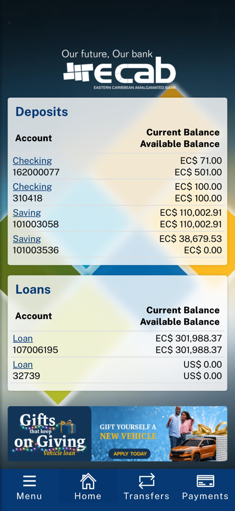 ECAB Mobile app screen displaying checking saving and loan account balances