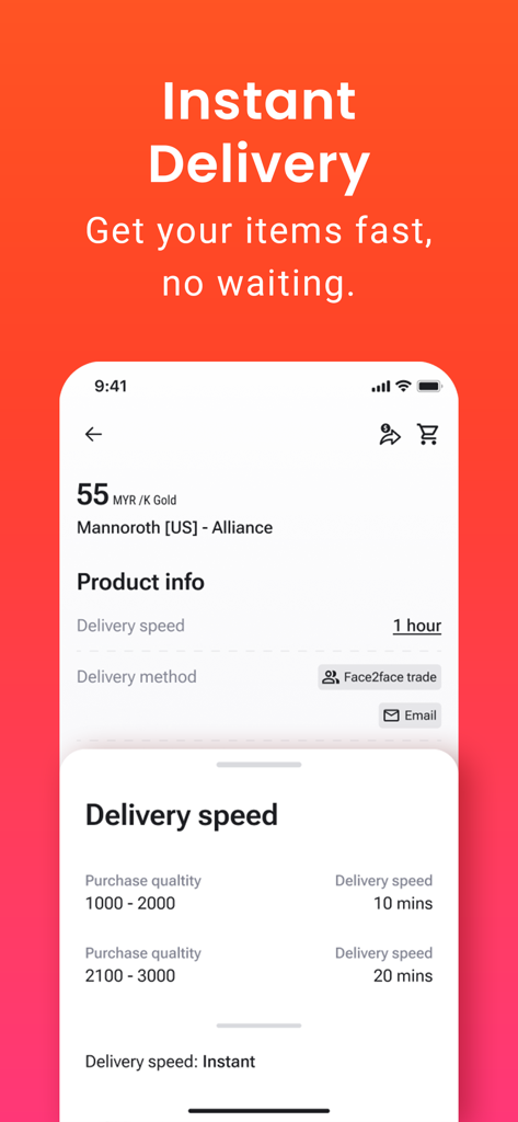 G2G-Mobile-App-Bildschirm, der Optionen für die sofortige Lieferung von virtuellen Gaming-Gütern anzeigt