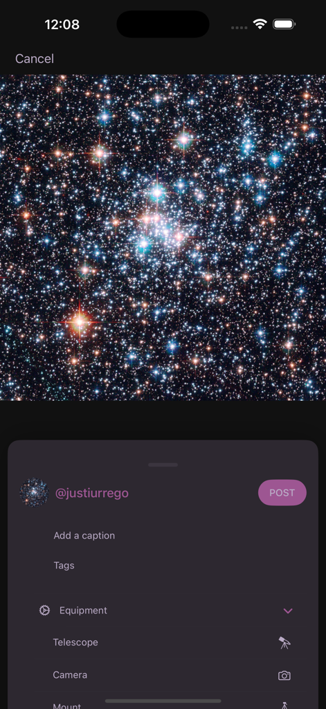 Stardust: Astrophotography - Interface of the Stardust app showing a star cluster photo being uploaded with technical metadata fields for equipment like telescope and camera