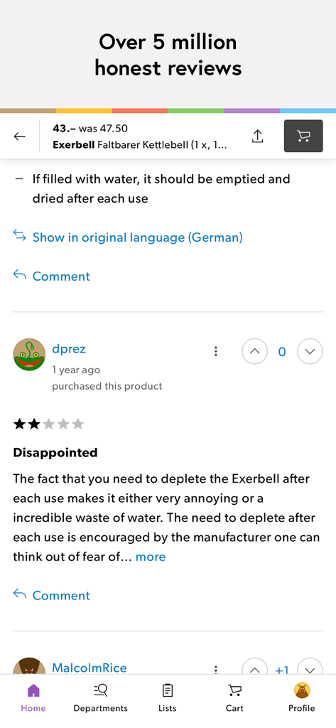 Interface of the Galaxus app displaying a transparent and honest customer product review