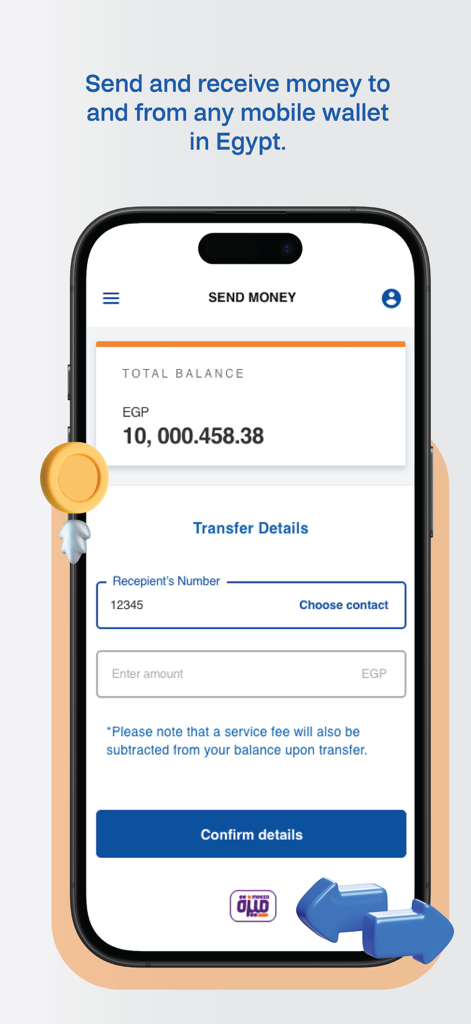 CIB Smart Wallet mobile interface for sending money to wallets in Egypt
