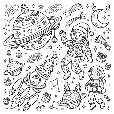 Get ready for an interstellar holiday with this delightful Christmas space coloring page! Young astronauts celebrate among festive planets and rockets, perfect for sparking creative joy.