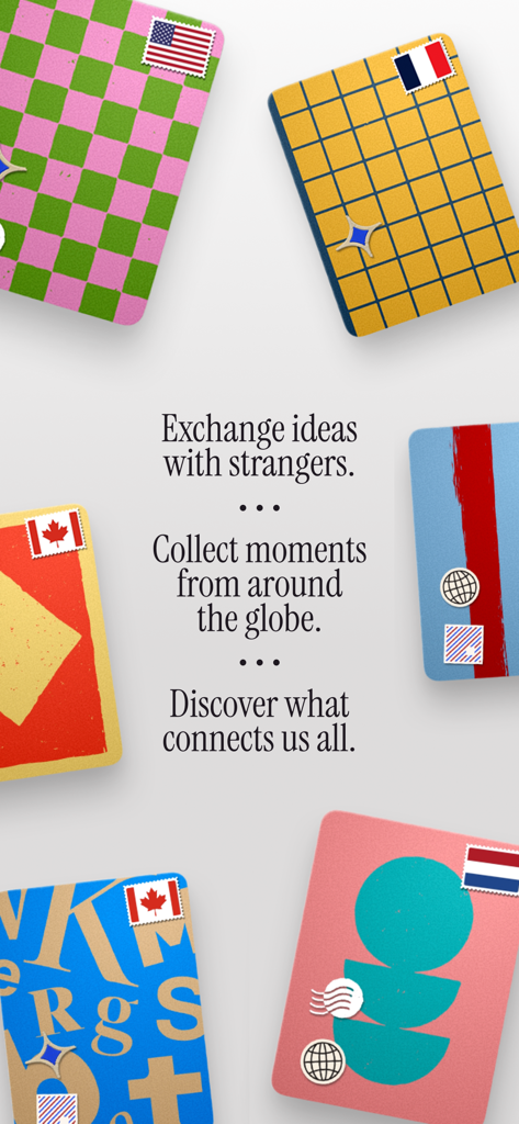 Lost Post: Daily World Stories - A collection of colorful digital postcards with international stamps and text about exchanging ideas globally