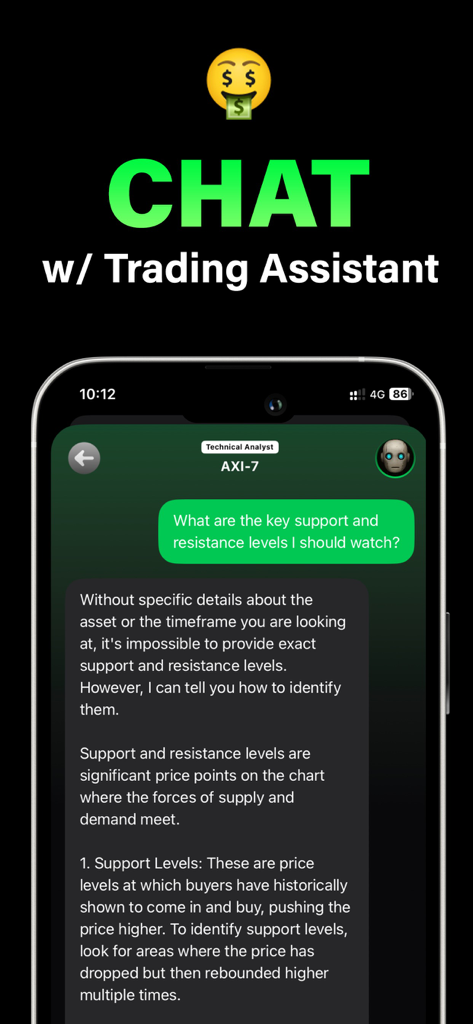 TraderKit - Trading Assistant - Captura de pantalla de la aplicación TraderKit que muestra una interfaz de chat con un analista técnico de IA explicando los niveles de soporte y resistencia.