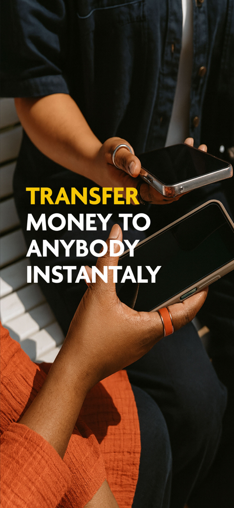 Two people holding smartphones using the SuperQi app to transfer money instantly.