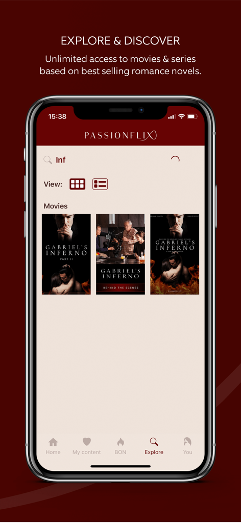 Passionflix - Passionflix mobile app explore interface displaying romance movie adaptations like Gabriels Inferno.