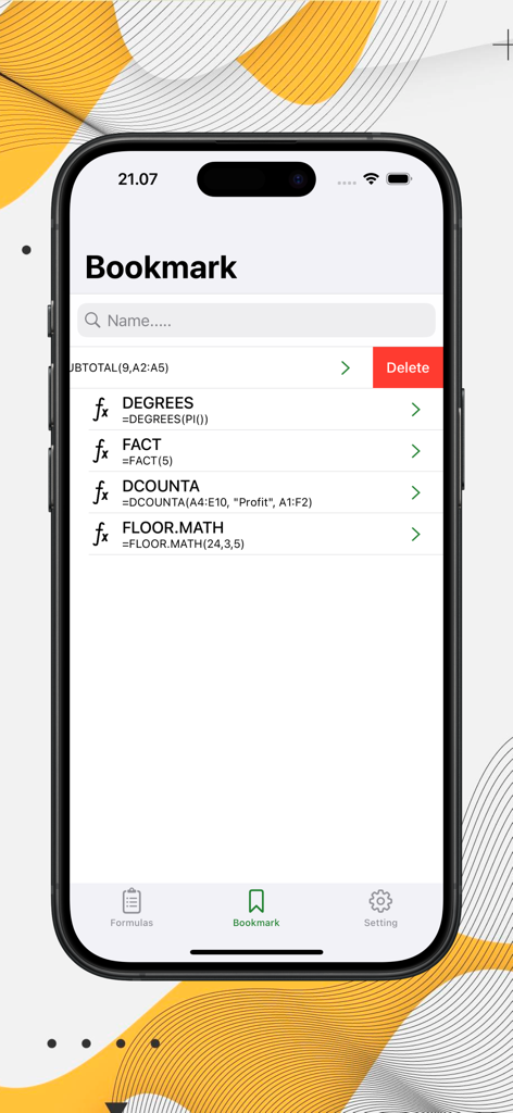 Excel Formulas Complete - Pantalla de marcadores de la aplicación Fórmulas de Excel Completas que muestra fórmulas guardadas con opciones de búsqueda y eliminación.