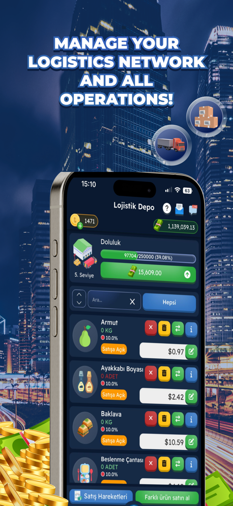 Ticarium: Tycoon & Strategy - A screenshot of the Ticarium Tycoon and Strategy game showing the logistics warehouse management screen with various trade items