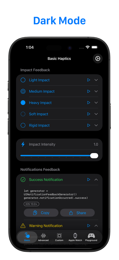 Haptic Testing: Developer Tool - Screenshot of the Haptic Testing app showing basic impact feedback options and Swift code snippet in dark mode.