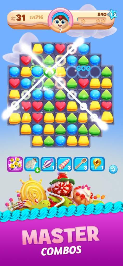 Gameplay screenshot of Cookie Jam Blast showing a master combo effect on a colorful match 3 puzzle grid.