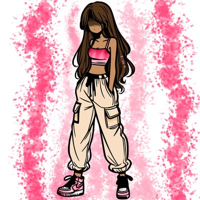 girl in baggy pants crop top and long hair
