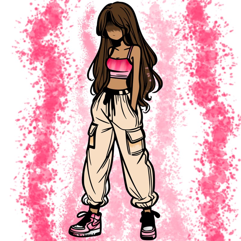girl in baggy pants crop top and long hair