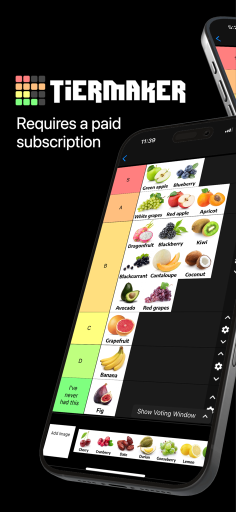TierMaker.com - Uma lista de nível de frutas sendo criada na interface do aplicativo iOS TierMaker com vários ícones de frutas ranqueados dos níveis S a D.