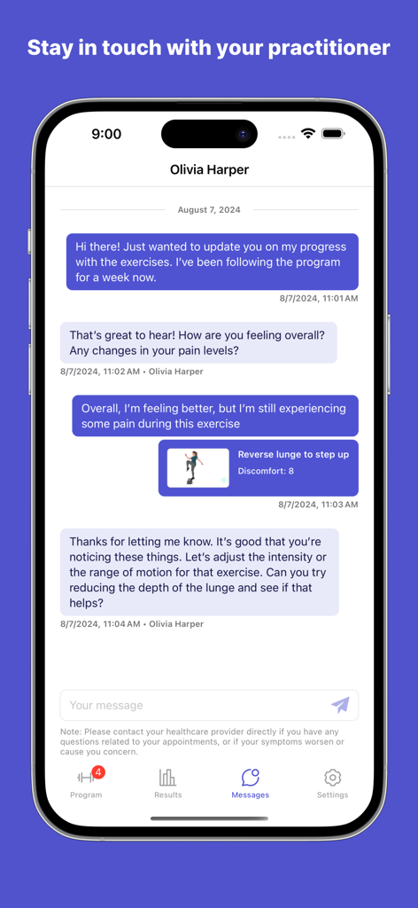PhysiApp secure messaging interface for patient and practitioner communication.