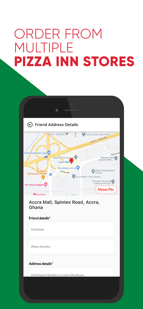 Pizza Inn Zimbabwe - Pizza Inn Zimbabwe app screen for entering delivery details for a friend