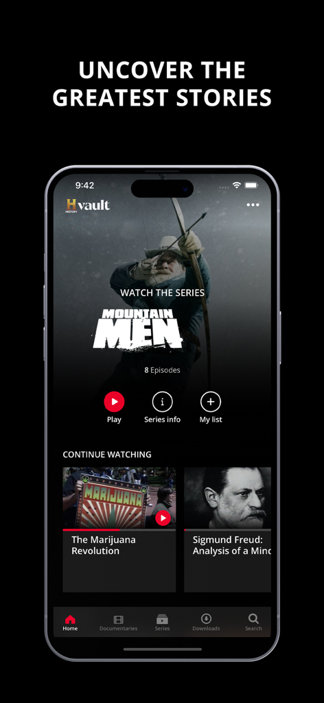 HISTORY Vault - Interfaz de la aplicación HISTORY Vault en un iPhone mostrando la serie Mountain Men y documentales para continuar viendo
