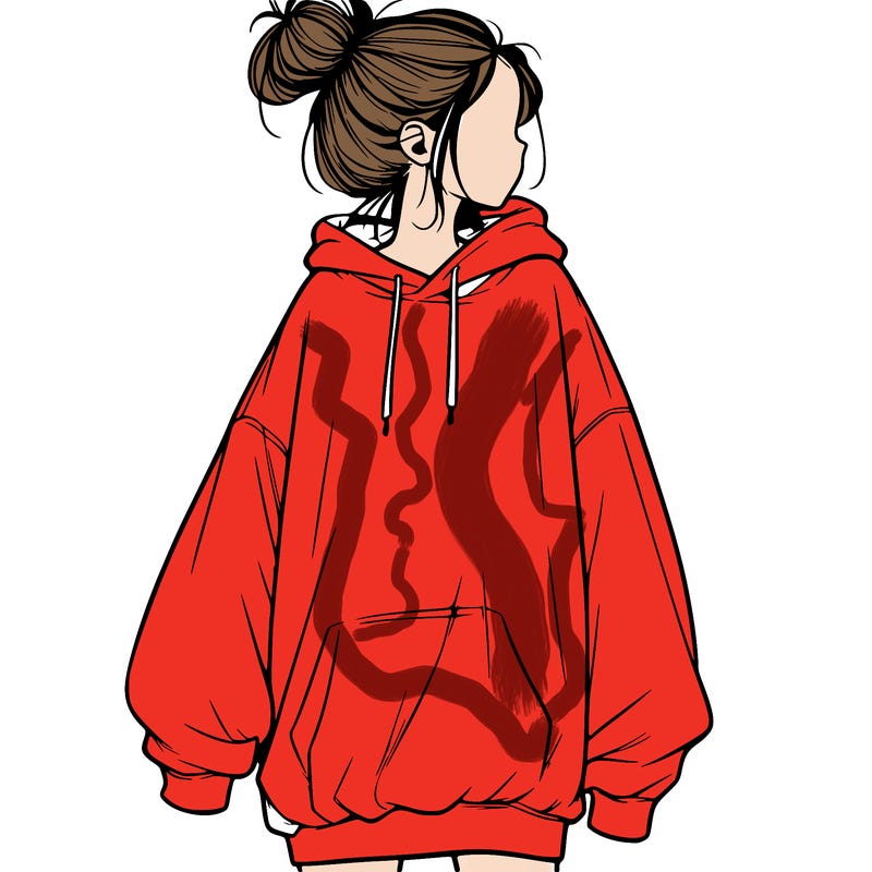 realistic girl with a oversized sweatshirt on and a bun