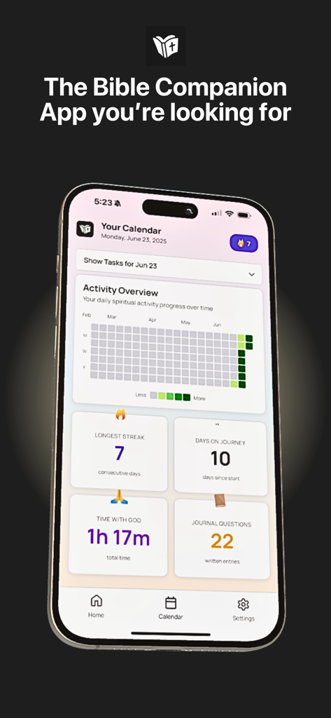 My Daily Prayer Journal - My Daily Prayer Journal app dashboard showing spiritual activity overview with prayer streaks and time spent with God.