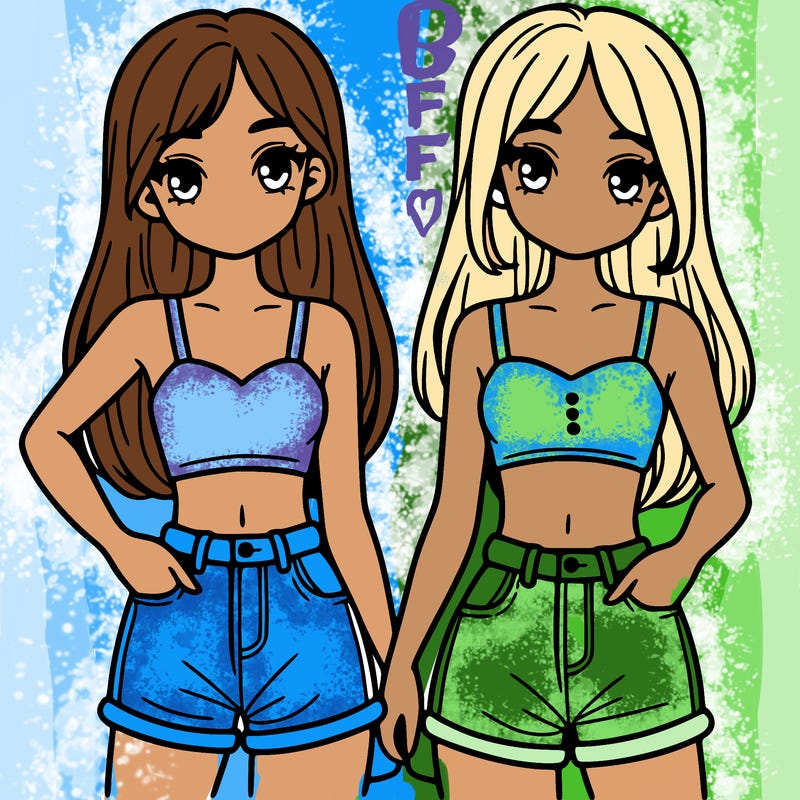 two sisters with crop tops and jean shorts and straight hair