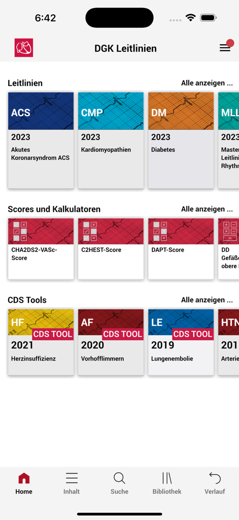 DGK Pocket-Leitlinien - The home screen of the DGK Pocket-Leitlinien cardiology app showing guidelines, medical scores, and clinical decision support tools.