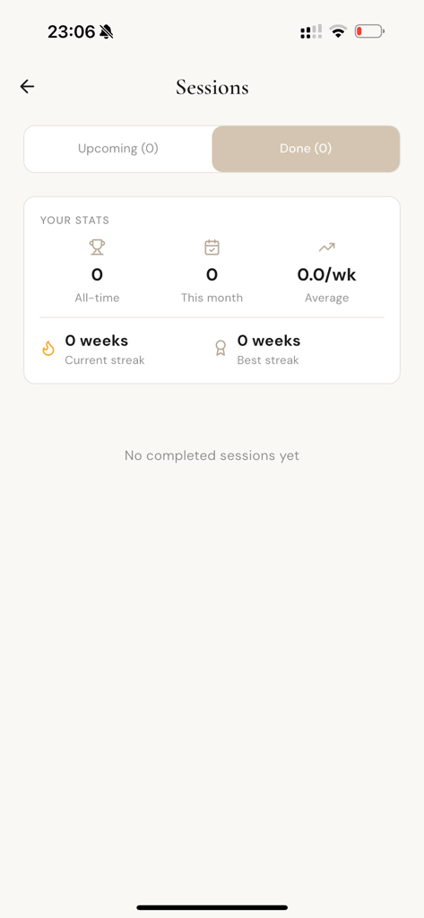 Aura Pilates Studio - Écran des statistiques de séances de l'application Aura Pilates Studio montrant les statistiques d'entraînement et les séries d'activités.