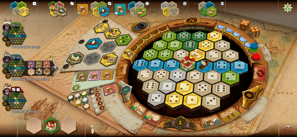 Interfaccia di gioco del gioco da tavolo digitale The Castles of Burgundy che mostra tessere esagonali e dadi