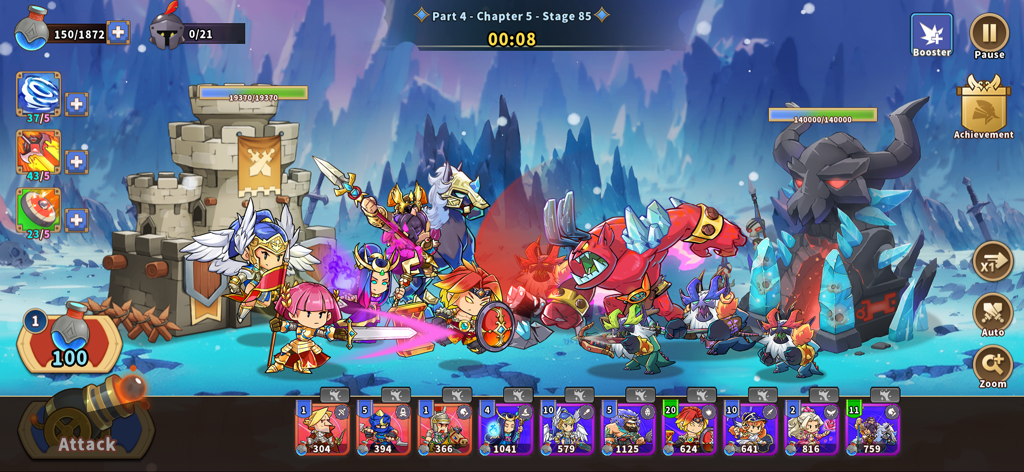 Jugabilidad de Castle War Defense con héroes defendiendo un castillo contra un monstruo gigante en un entorno nevado