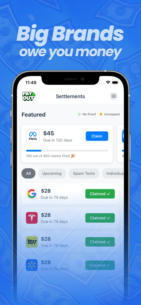Payout: Claim Class Actions - Payoutアプリのインターフェース。MetaやGoogleなどの大手ブランドからの利用可能および請求済みの集団訴訟の和解金が表示されています。