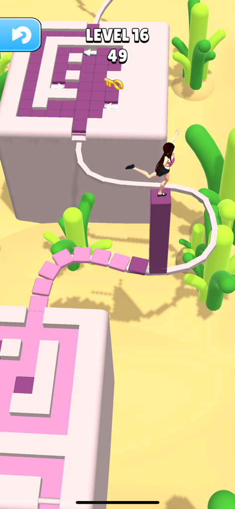A female character stacking tiles to cross a path in the game Stacky Dash