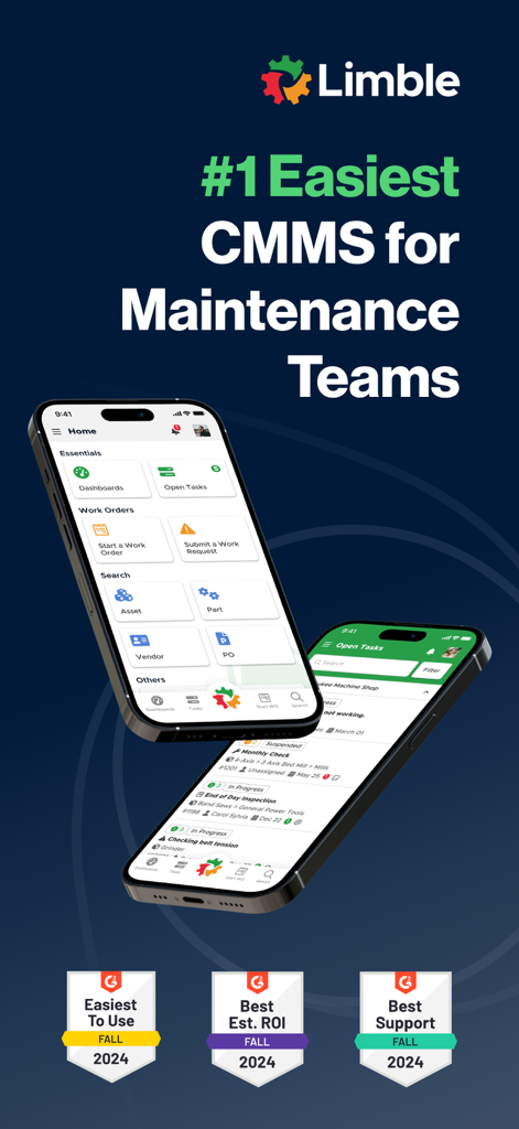 Limble CMMS - Limble CMMS mobile application interface for maintenance teams showing work orders and dashboard