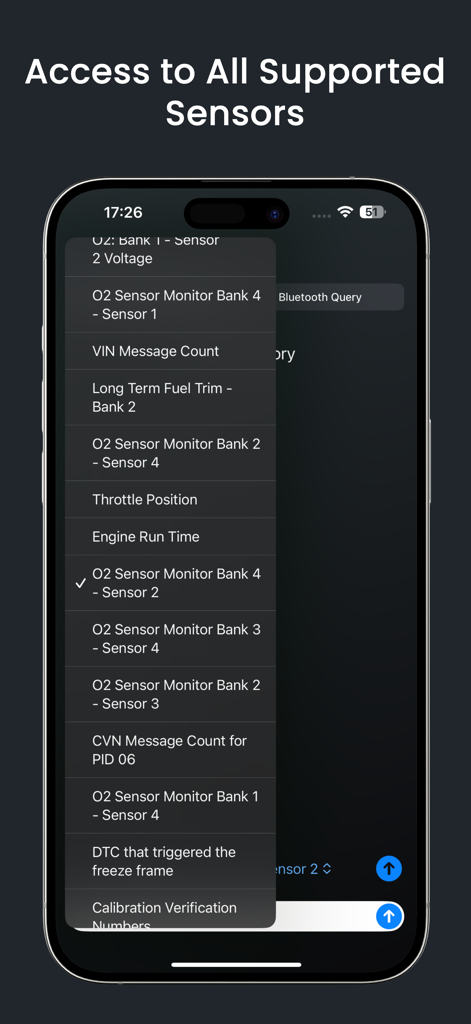 Interfaz de la aplicación Alfa OBD2 Car Scanner Pro mostrando una lista de sensores del vehículo compatibles para monitorización en tiempo real