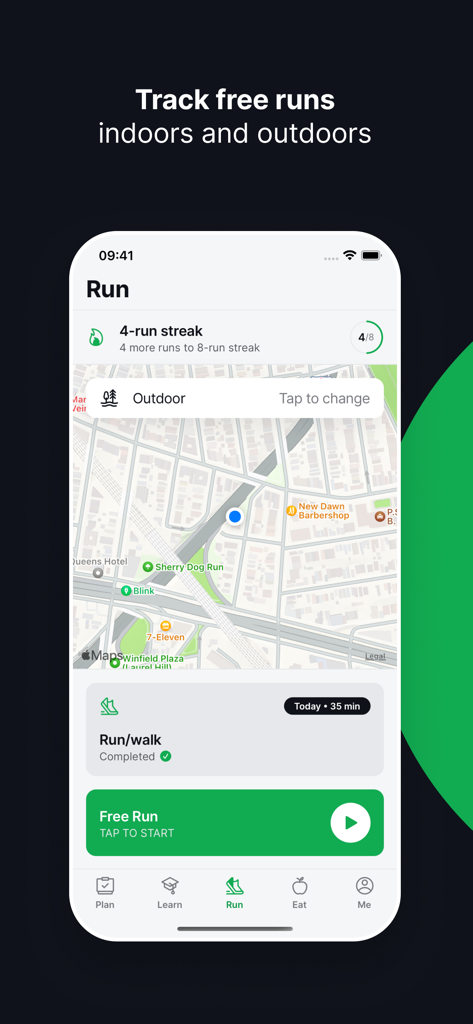 Joggo - Run Tracker & Coach - Joggo app screenshot showing the run tracking interface with an outdoor map and a green button to start a free run