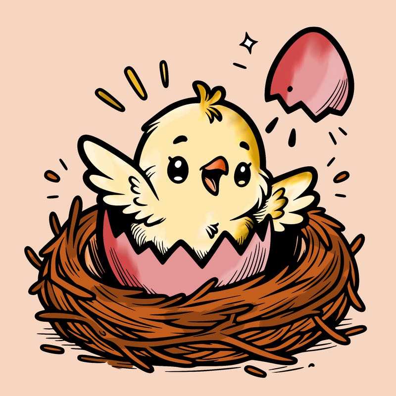 a baby chick hatching from an egg in a nest