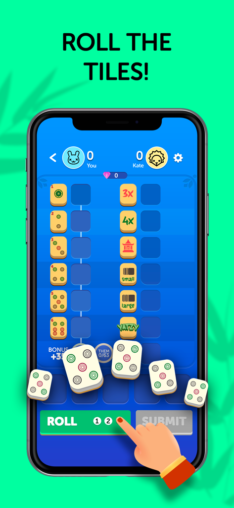 A player rolling Mahjong tiles like dice in the Mahjong Dice Competition mobile game interface.