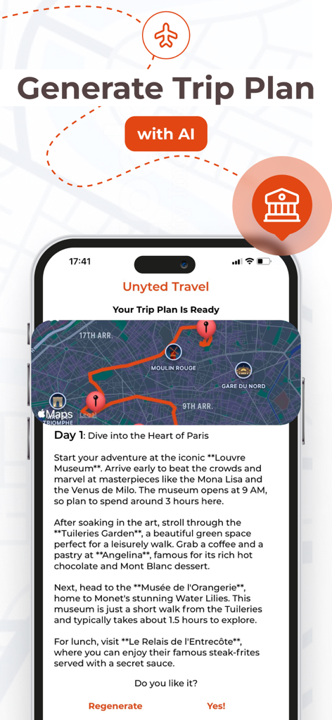 AI Travel Planner: Itinerary - AI-generated travel itinerary for Paris showing a map and a daily schedule with famous landmarks like the Louvre.